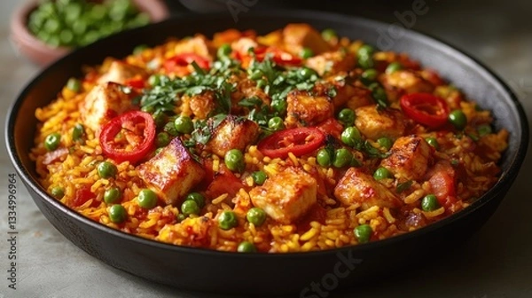 Fototapeta Spicy paneer rice dish in pan, garnished with cilantro, peppers, and peas