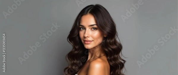 Obraz Portrait of an elegant woman with flowing dark brown hair, soft makeup, and a confident expression, depicted against a gray studio backdrop.