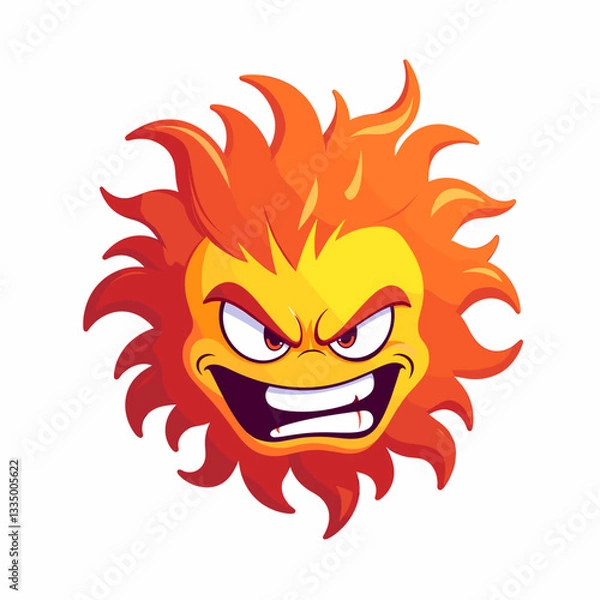 Obraz Angry sun character with fiery hair, 3d flat vector design