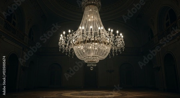 Fototapeta Grand Ballroom Chandelier - A dazzling crystal chandelier illuminates a large, dark ballroom. Elegant and luxurious