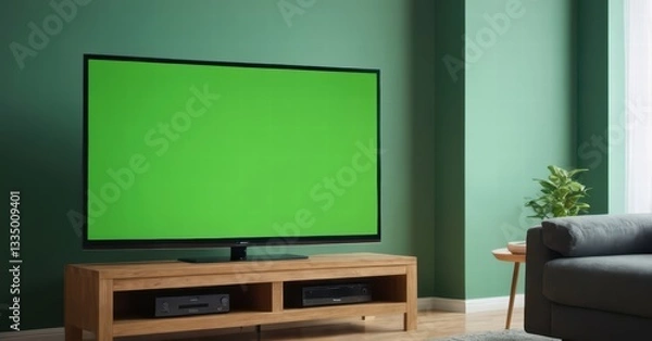 Fototapeta modern living room with screen of tv and modern forniture and light from the windows, stylish internal design for interiors, contemporary touch, flat display for cinema entertaninment