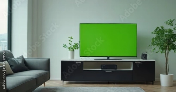 Fototapeta modern living room with screen of tv and modern forniture and light from the windows, stylish internal design for interiors, contemporary touch, flat display for cinema entertaninment