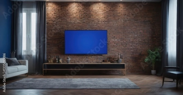Fototapeta modern living room , brick wall with tv and blue screen, luxury forniture and light from the windows, stylish internal design for interiors, display for contemporary cinema entertainment