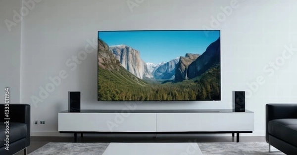 Fototapeta modern living room with screen of tv and modern forniture and light from the windows, stylish internal design for interiors, contemporary touch, flat display for cinema entertaninment