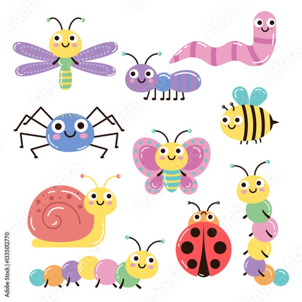 Fototapeta Vector set of cute, colorful insects