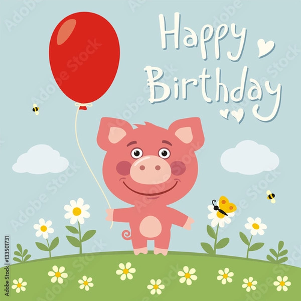 Fototapeta Happy birthday! Funny pig with red balloon on flower meadow.  Birthday card with pig in cartoon style.