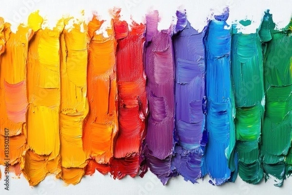 Obraz Thick strokes of oil paint in a rainbow of colors spread across a white canvas evoke joy and creativity, showcasing artistic expression