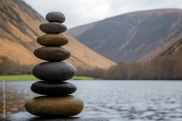Fototapeta A stack of balanced stones sits next to a lake