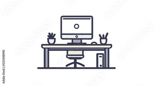 Fototapeta Office desk with computer and plants; work from home setup