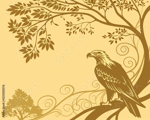 Fototapeta Elegant Eagle on Tree Branch - Vintage Nature Vector Illustration. Stylized vector illustration of a majestic eagle sitting on a tree branch with floral swirls and decorative elements. Golden vintage.
