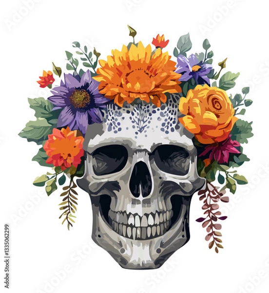 Fototapeta Skull with flowers growing from the inside, in blackwork style. Skull with sharp, contrasting lines, flowers with subtle dotwork. Roots intertwining around the skull, adding organic dynamics.