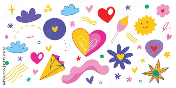 Fototapeta Colorful Doodle Art: Hearts, Flowers, Clouds, Sun, Diamond, and Abstract Shapes Vector Illustration for Creative Designs