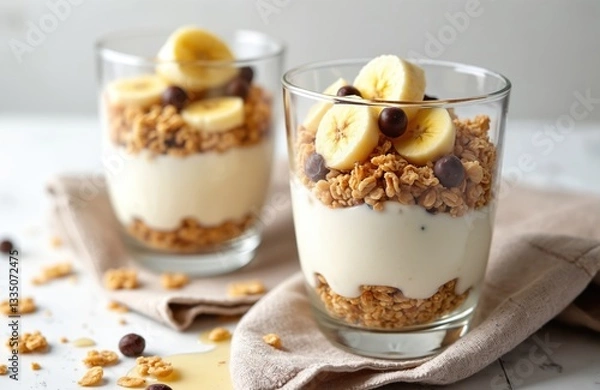 Fototapeta Two glasses of crunchy granola with yogurt, banana, nuts, chocolate toppings. Healthy breakfast concept. Sweet dessert with muesli, parfait, dairy, fruit, cereal, nourishment, homemade, berry.