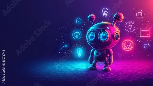 Fototapeta Cute robot with digital icons against a vibrant gradient background representing technology.
