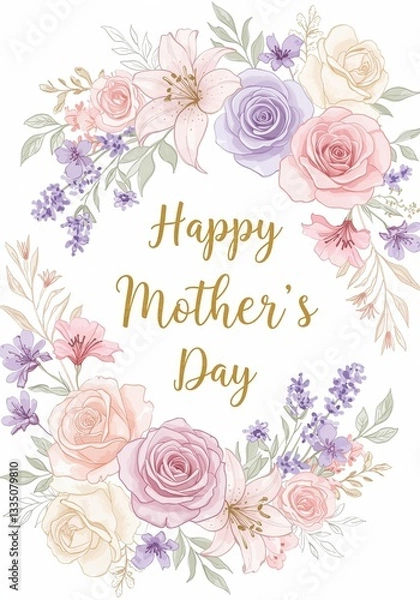 Fototapeta Happy Mother's Day floral wreath with roses and lilies. Elegant design with calligraphy for card, banner, poster, flyer. Spring holiday concept with copy space.