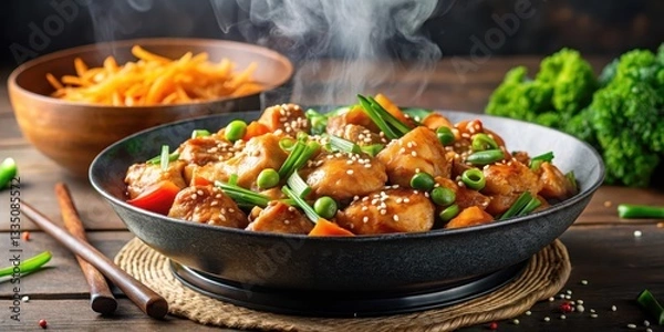 Fototapeta Aromatic steam rises from a wok as savory orange chicken is served with steamed vegetables and garnished with fresh green onions and sesame seeds, wok, stir fry