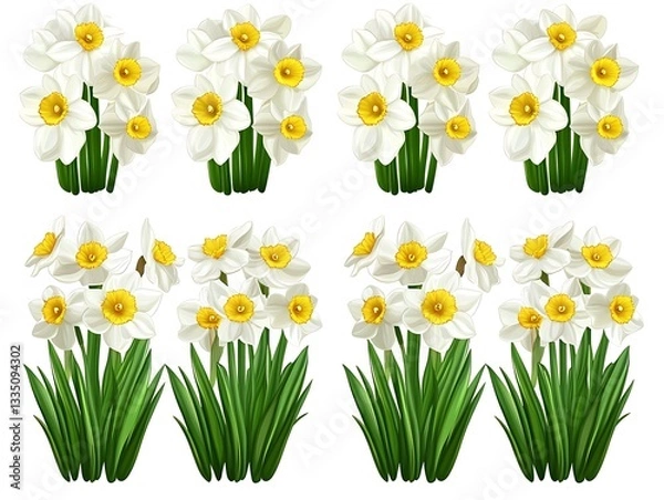 Fototapeta Several beautiful white and yellow daffodils with green leaves growing