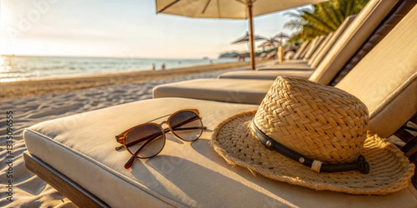 Obraz Straw sun hat and sunglasses placed on lounge chair by ocean shore on a sunny day