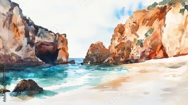Fototapeta Algarve Coast Watercolor Painting - Serene coastal scene, sunlit cliffs, turquoise water, sandy beach, tranquil cove. Symbolizing peace, escape, beauty, nature, adventure