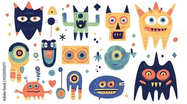 Obraz Set of colorful funny shape element vector. Collection of cartoon characters, cute doodle dawn, geometric, organic shape with fun eye. Design for decorative, sticker, toys and kids.