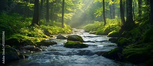 Obraz A serene forest stream with crystal clear water and vibrant greenery