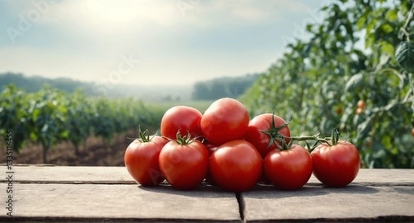 Fototapeta Fresh tomatoes on table, field in background. Harvesting vegetables
