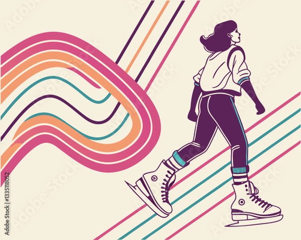 Fototapeta Retro Ice Skater Girl. Vector illustration of a stylish young woman in retro outfit ice skating with colorful abstract stripes in the background. Vintage-inspired design with dynamic motion.