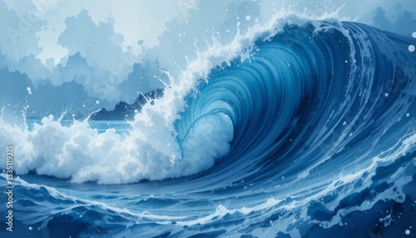 Obraz powerful ocean wave crashes with dynamic energy, showcasing beauty of nature force. vibrant blue hues and frothy white foam create captivating scene of movement and intensity
