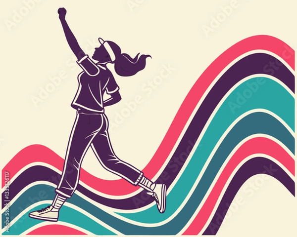 Fototapeta Retro Sporty Woman Jumping with Motivation. Stylized vector illustration of a sporty woman jumping with her fist up in a dynamic pose. Retro abstract background with colorful curved lines adds energy.