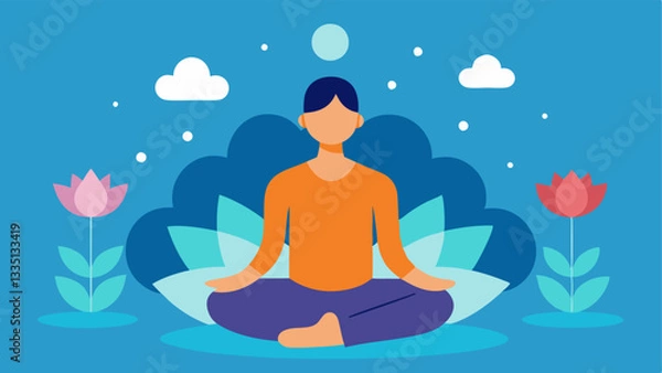 Fototapeta Mindfulness Meditation A peaceful scene with a person meditating surrounded by soothing symbols like lotus flowers and calming waves signifying a state of presence that quiets the