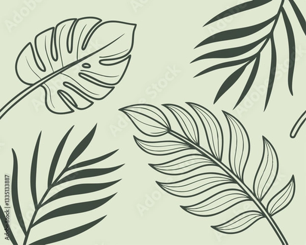 Fototapeta Seamless Botanical Pattern with Tropical Leaves. Elegant seamless vector pattern with tropical and palm leaves in a minimalist botanical style.