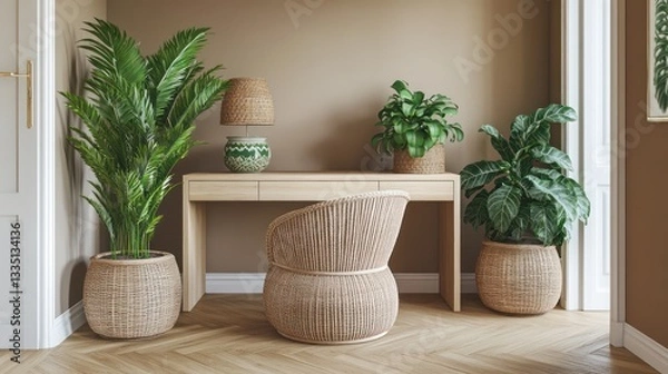 Fototapeta A chic home office with a light maple wood desk, a soft rattan chair, and lush green plants in ceramic and wicker pots on the floor