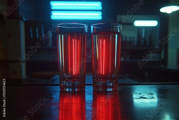 Fototapeta Two glasses filled with red liquid sit on a dark bar under glowing neon lights