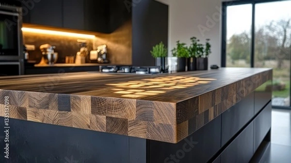 Fototapeta Rustic kitchen showcase organic butcher block elegance modern home photography warm lighting aerial view craftsmanship highlight