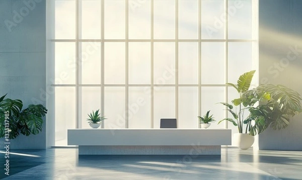Fototapeta Bright modern office with huge window and minimalistic decor elements.