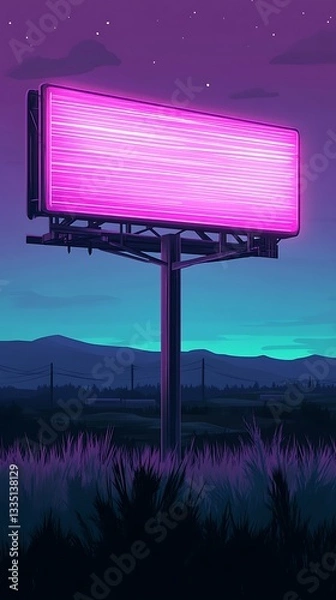 Fototapeta Lit billboard sign at night. Advertising space in a neon light. Mountain landscape background