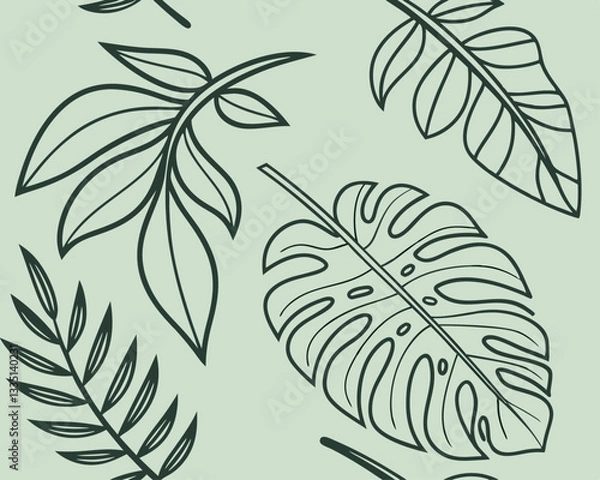 Fototapeta Seamless Tropical Leaves Pattern. Minimalist seamless vector pattern with hand-drawn tropical leaves such as monstera and palm. Natural foliage design in elegant green tones.