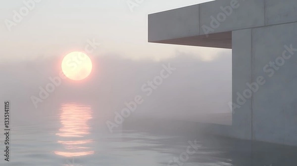 Fototapeta Modern building on water at sunset, mist around horizon, possible real estate use
