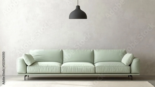 Obraz A contemporary minimalist living room with a soft mint green sofa, a neutral cream rug, and a sleek matte black pendant light