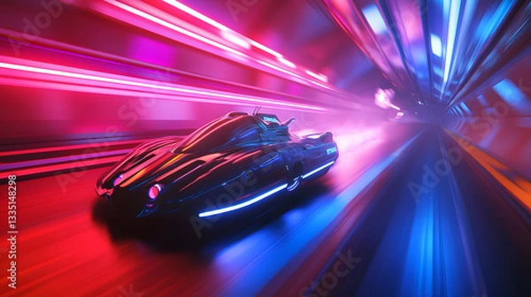 Fototapeta An AI-powered hyperloop pod racing at extreme speed through a neon tunnel.