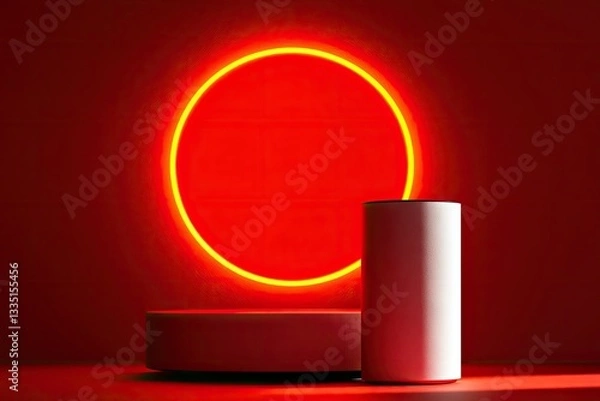 Fototapeta Minimalist red podium with glowing circle