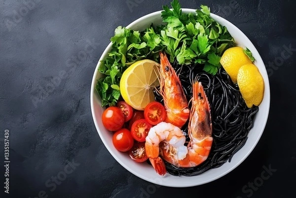 Fototapeta Dark background white bowl filled with squid ink pasta prawns seafood lemon and tomatoes Overhead view