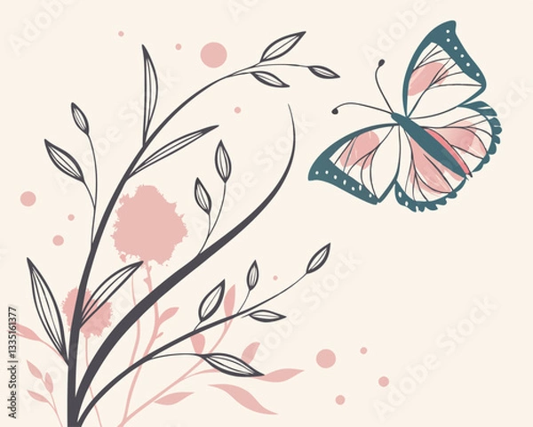 Fototapeta Floral Vector Illustration with Butterfly and Watercolor Accents. Elegant vector illustration of a butterfly flying near floral branches with soft watercolor splashes.