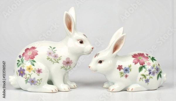 Fototapeta Porcelain rabbits with floral patterns on white backdrop, decorative art