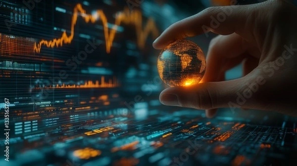 Fototapeta A hand holds digital globe with charts and data, presenting global business analysis