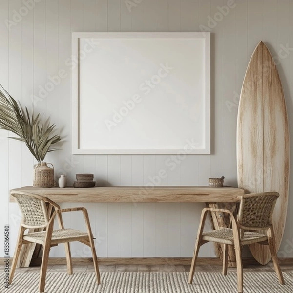 Fototapeta Coastal living room with blank canvas.  A minimalist, light-filled space with a wooden table and rattan chairs