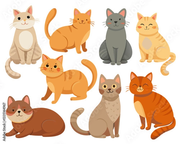 Fototapeta A collection of playful cartoon cats in various simple and friendly poses, showcasing adorable pet actions.
