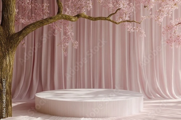 Fototapeta Soft pink backdrop, cherry blossom tree, round podium