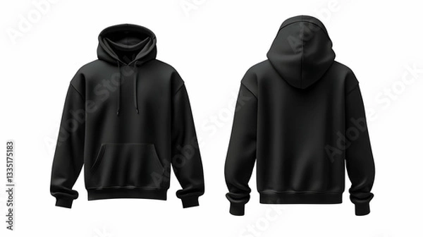 Obraz A blank black male hoodie sweatshirt mockup, shown from both front and back views, isolated on a white background for design mockups. 40k, , high resolution