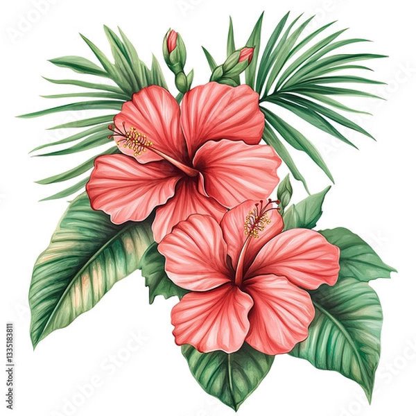 Obraz Beautiful hibiscus flower and tropical leaves illustration for summer design art on transparent background
